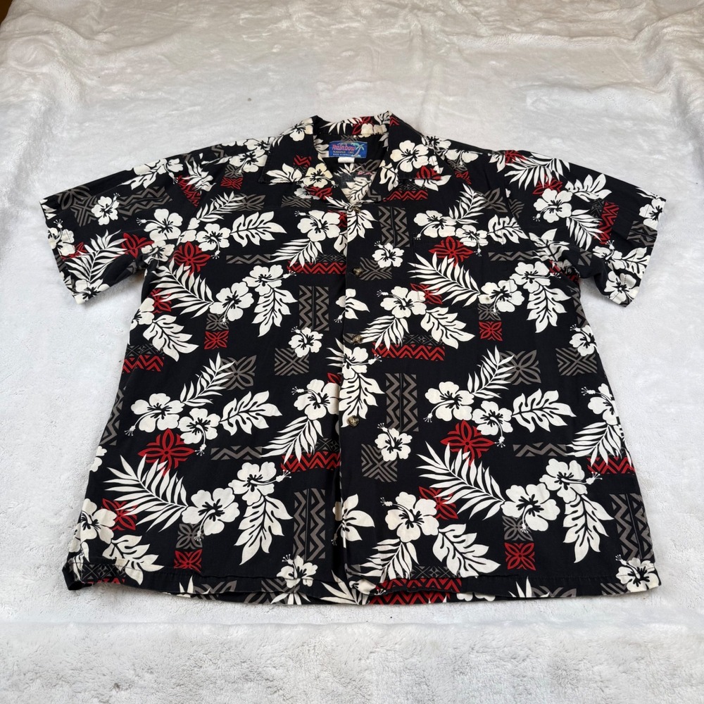 Rainbow Hawaii Inc Mens XL Aloha Shirt Black Red Floral Hibiscus Cotton Hawaii